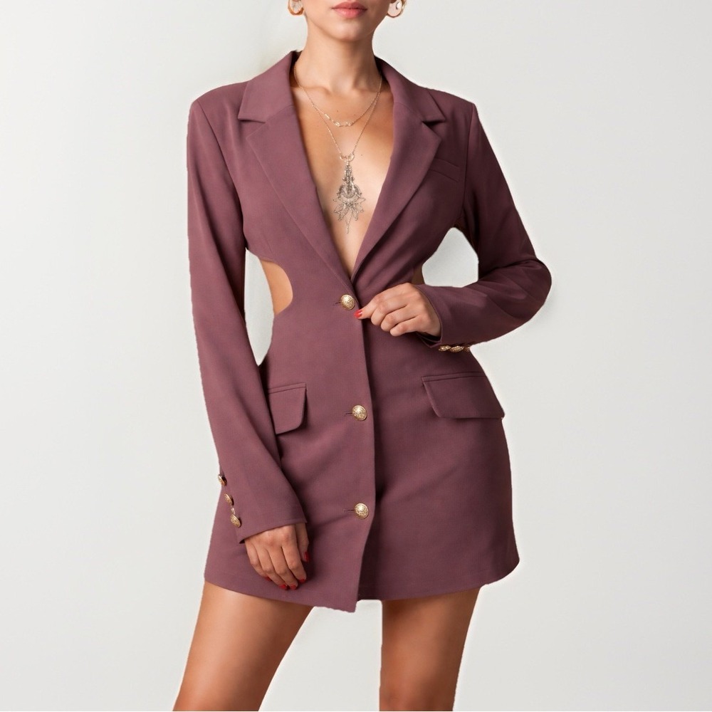 NWT By Egreis Mauve Cutout Blazer Dress‎ Gold Crest Buttons L Bodycon
